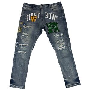 First Row Distressed Jeans Mens 38x32 Blue Patch Paint‎ Splatter Streetwear